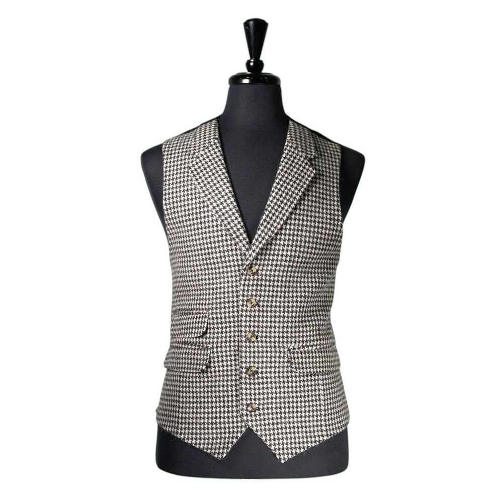 Mens Houndstooth Vest 46R Ivory Black Wool Waistcoat Wedding Formal Prom Tux
